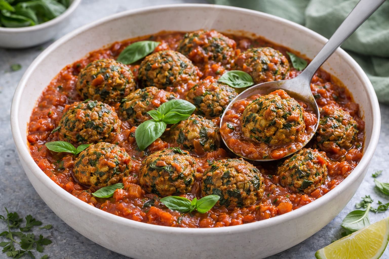 Albóndigas di lenteja in salsa di tomate morbido, pranzo salutare di Pasti Healthy