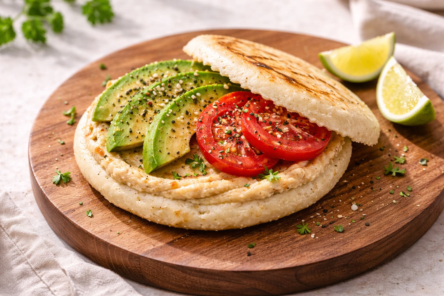 Arepa integral con hummus e aguacate, colazione salutare di Pasti Healthy