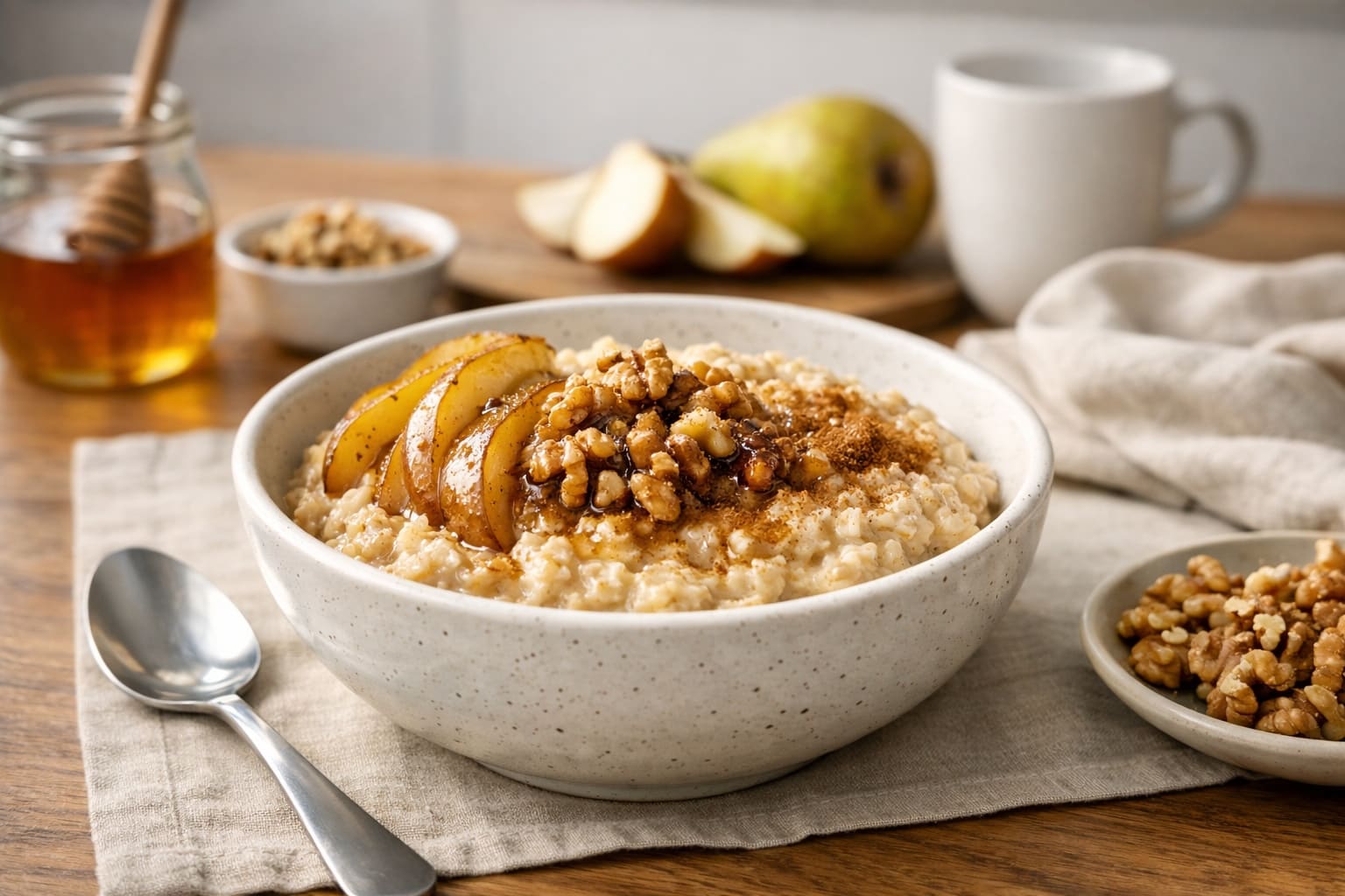 Bol of avena cremosa with pera laminada, canela and frutos secos