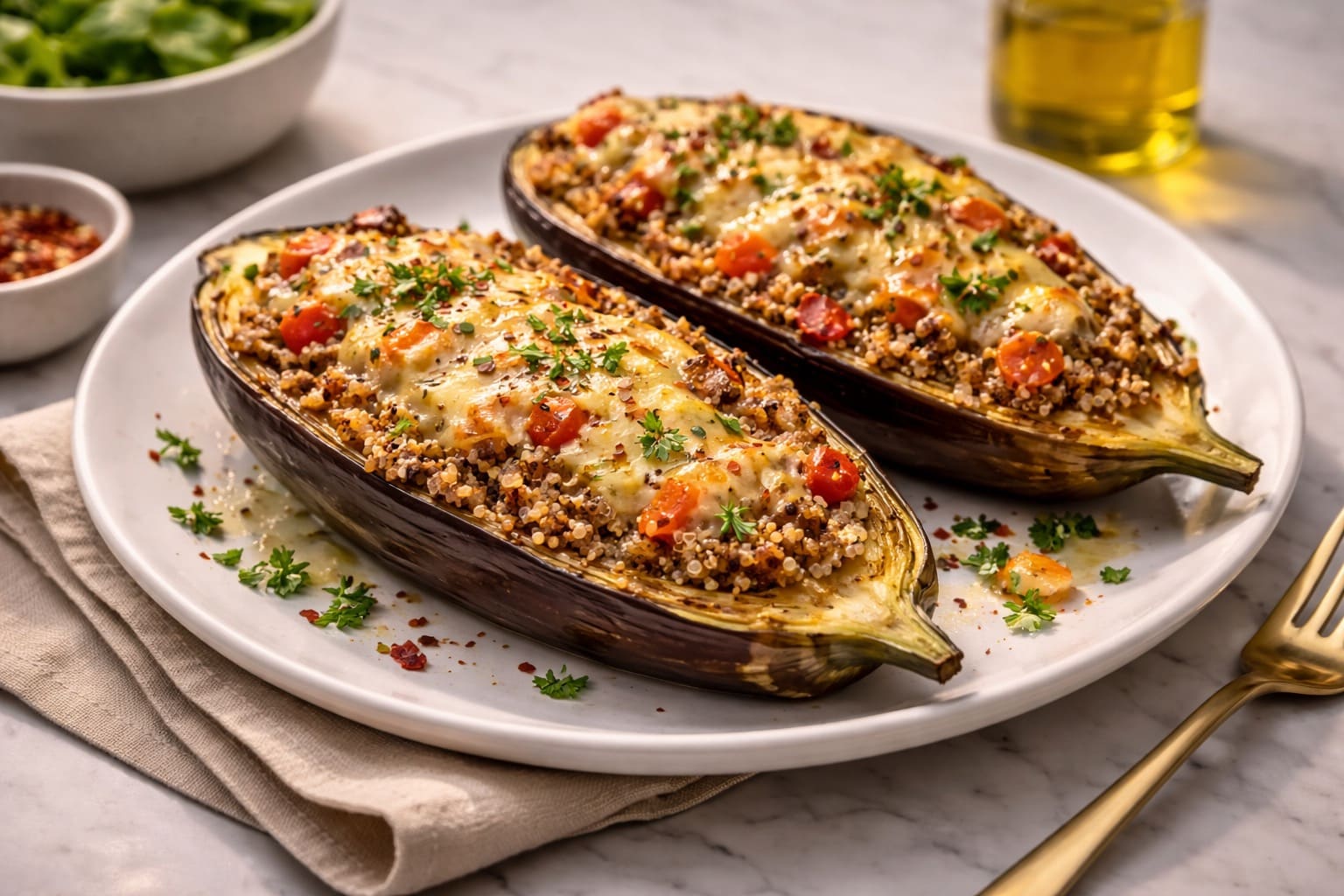 Berenjena rellena de quinoa e verduras, jantar saudavel de Refeicoes Healthy