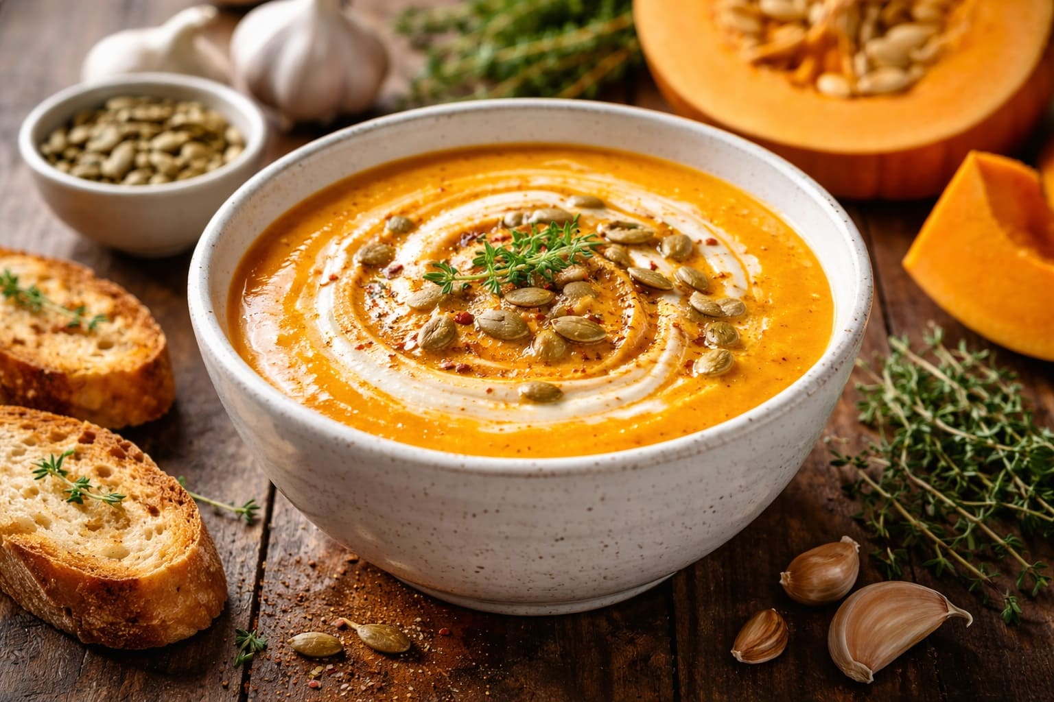 Crema of calabaza servida in bol for a dinner templada