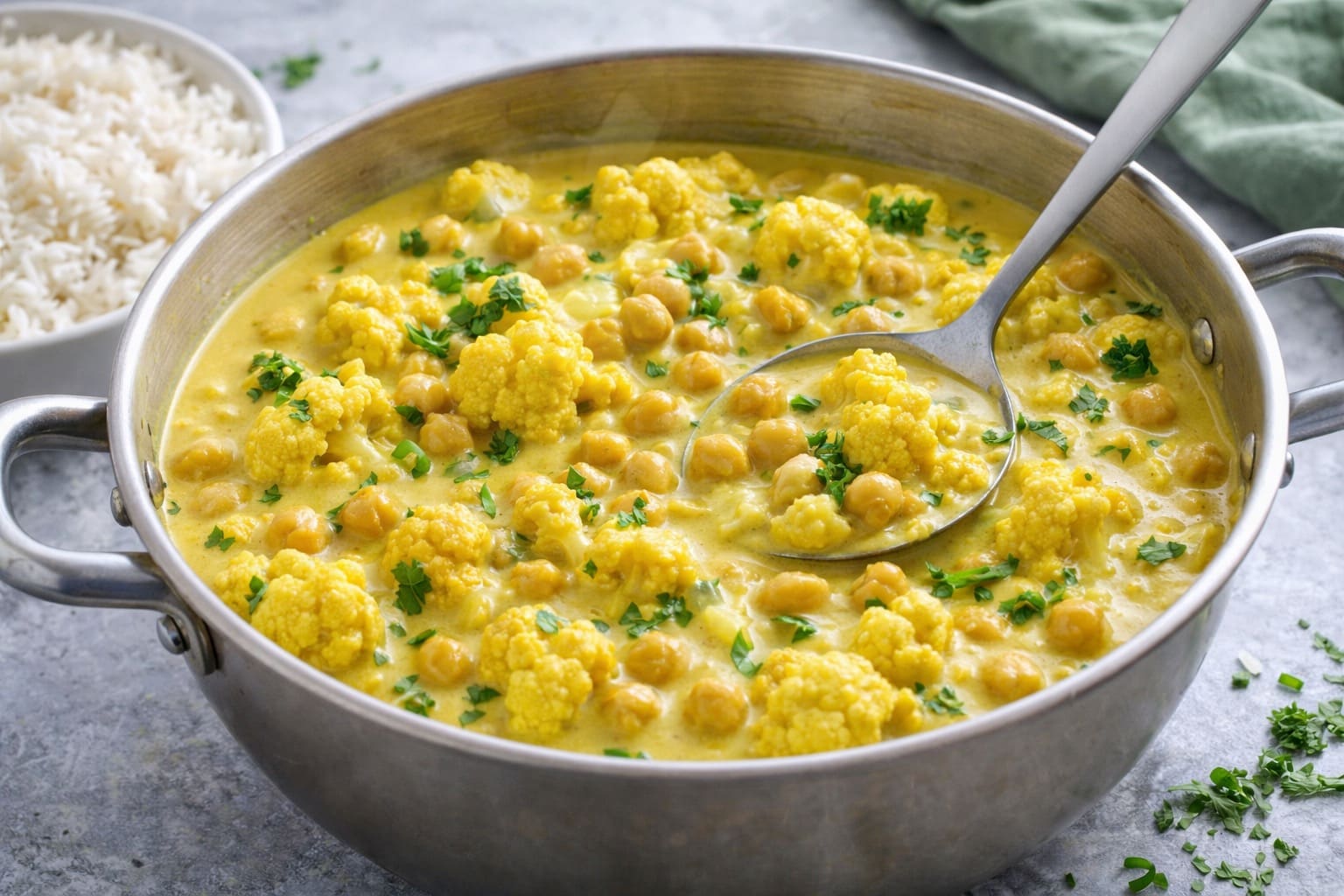 Curry morbido di coliflor e garbanzos, pranzo salutare di Pasti Healthy
