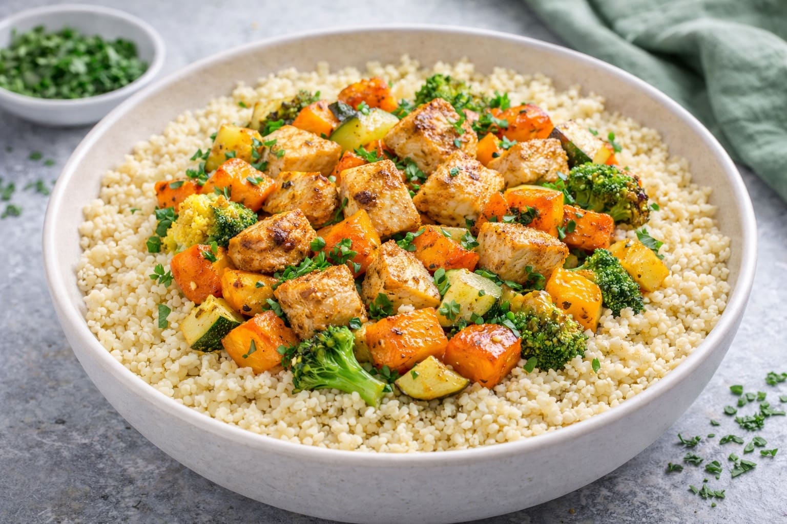 Cuscús integral mit pollo und verduras asadas, mittagessen gesund von Mahlzeiten Healthy