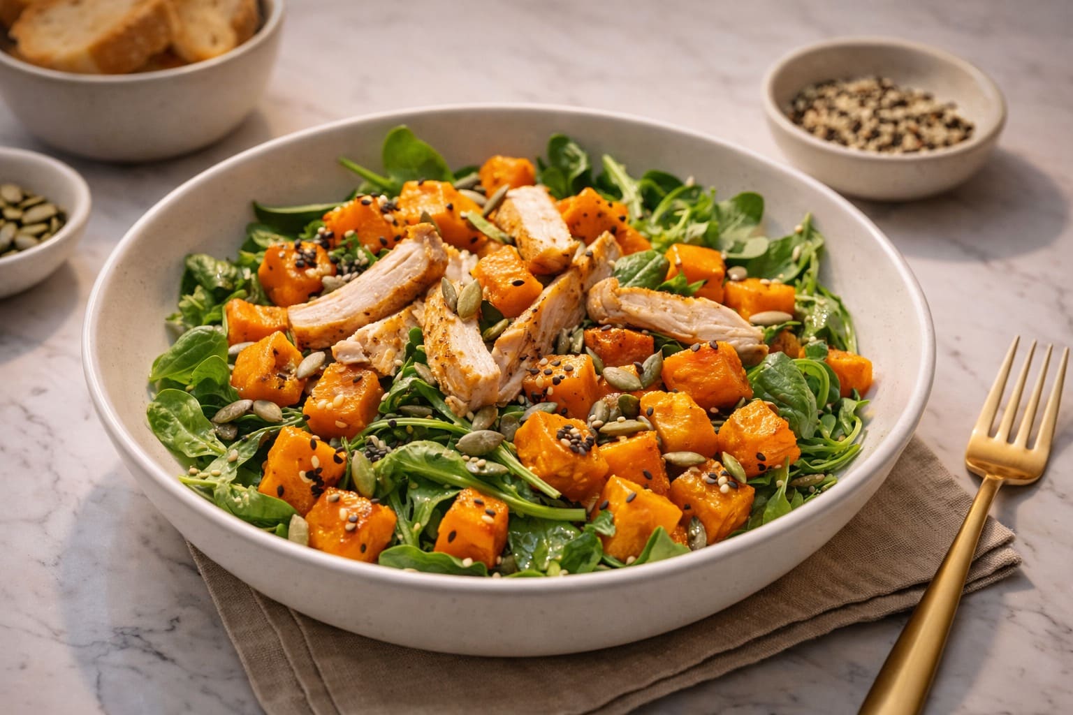 Ensalada templada von pavo und calabaza, abendessen gesund von Mahlzeiten Healthy