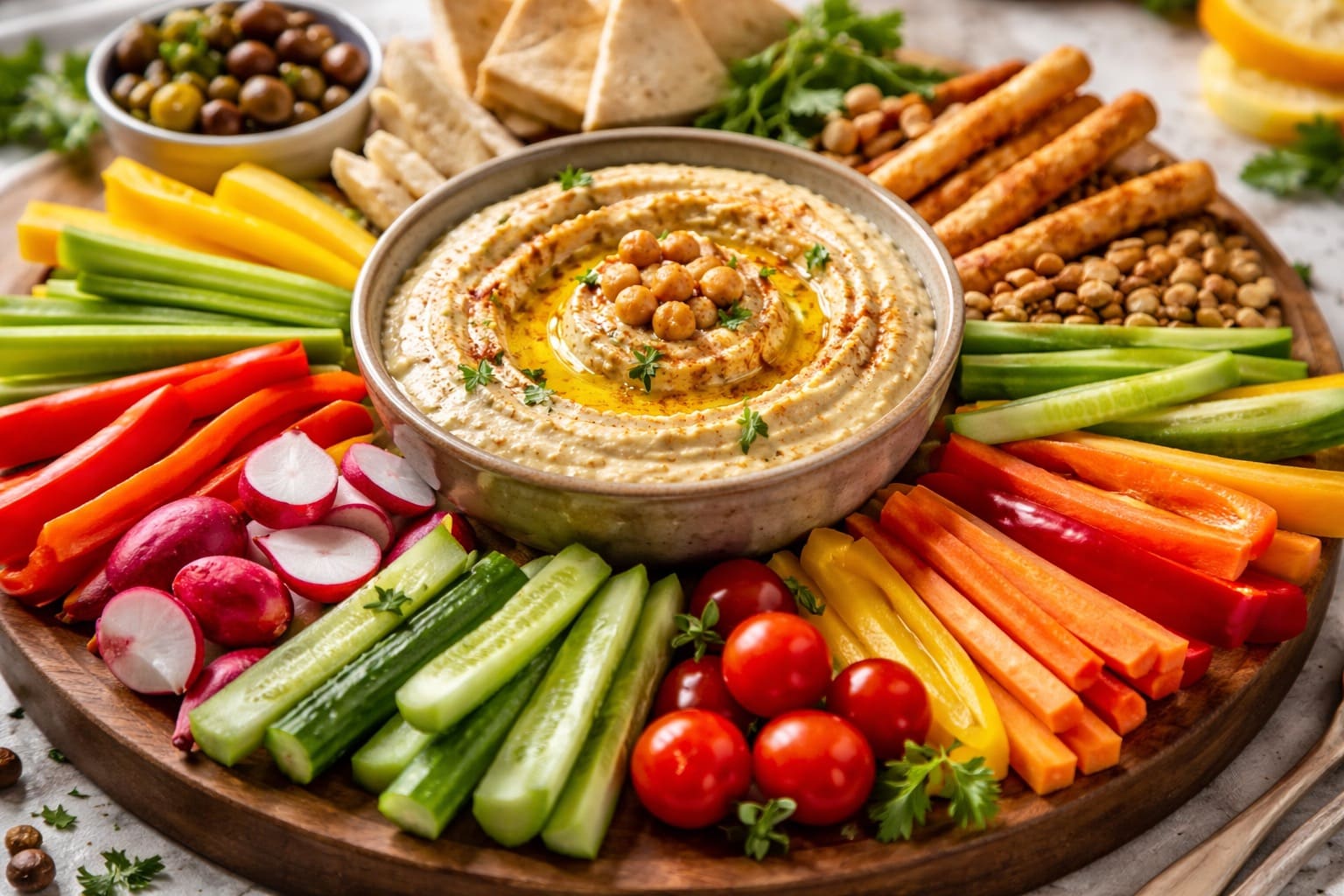 Hummus cremoso con crudités, merienda saludable de Comidas Healthy