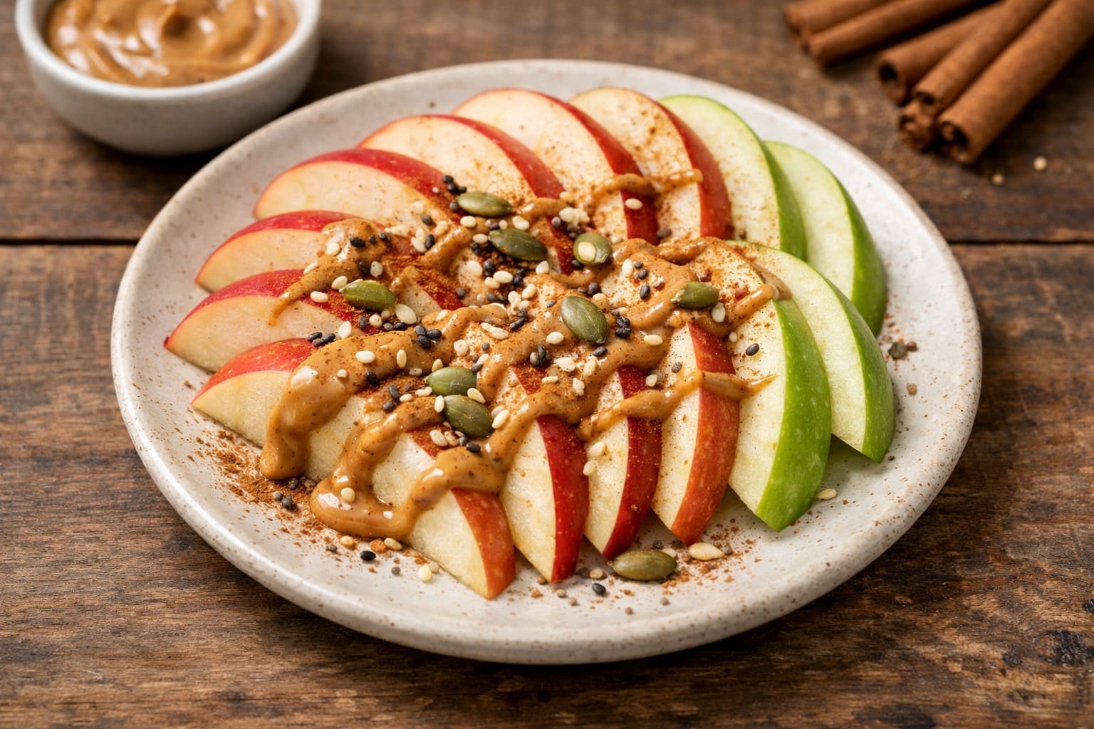 Manzana con crema de cacahuete y canela, merienda saludable de Comidas Healthy