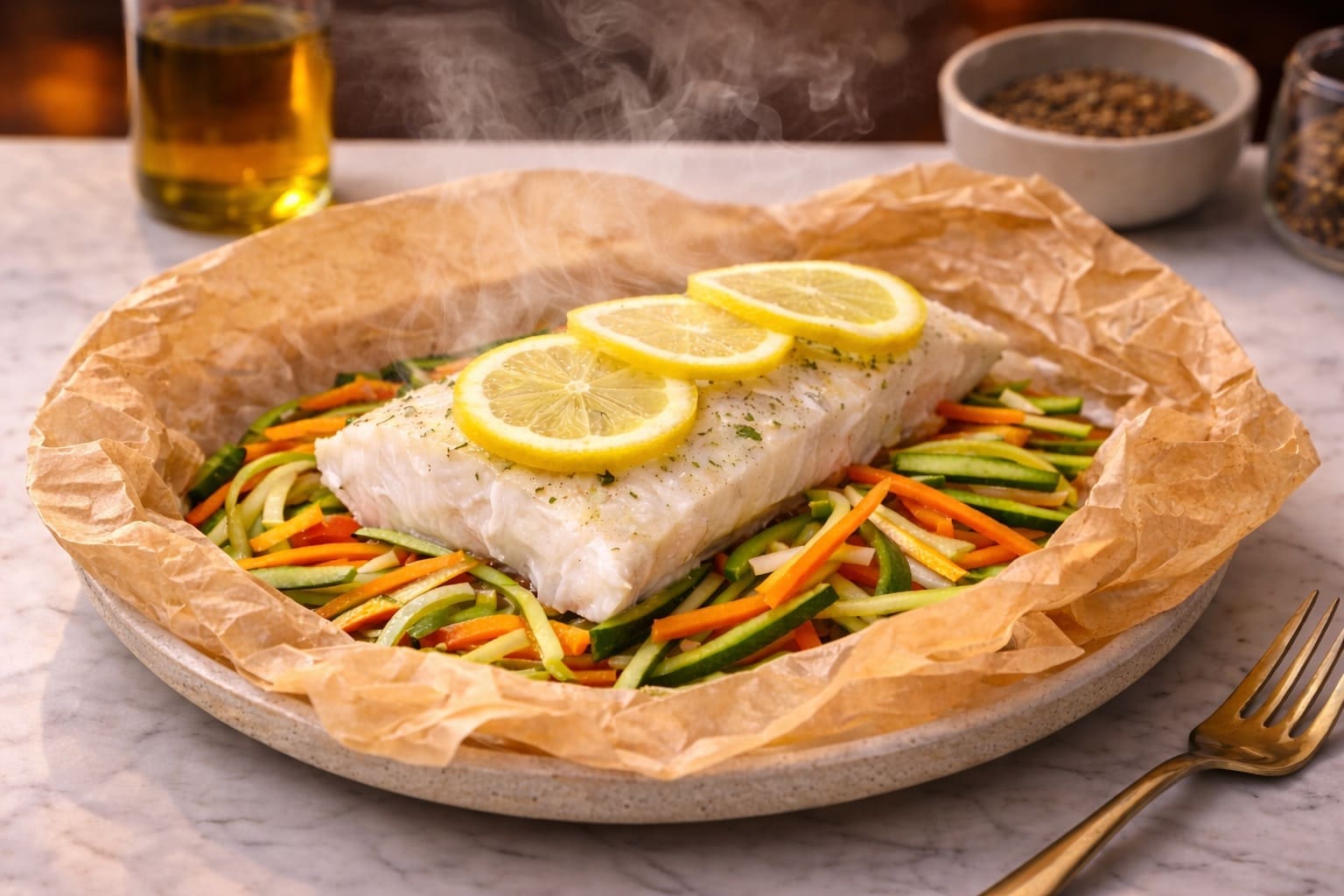 Merluza al papillote mit verduras, abendessen gesund von Mahlzeiten Healthy