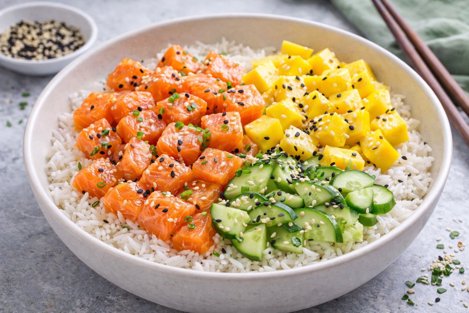 Bowl poke von salmón, mango und arroz, mittagessen gesund von Mahlzeiten Healthy