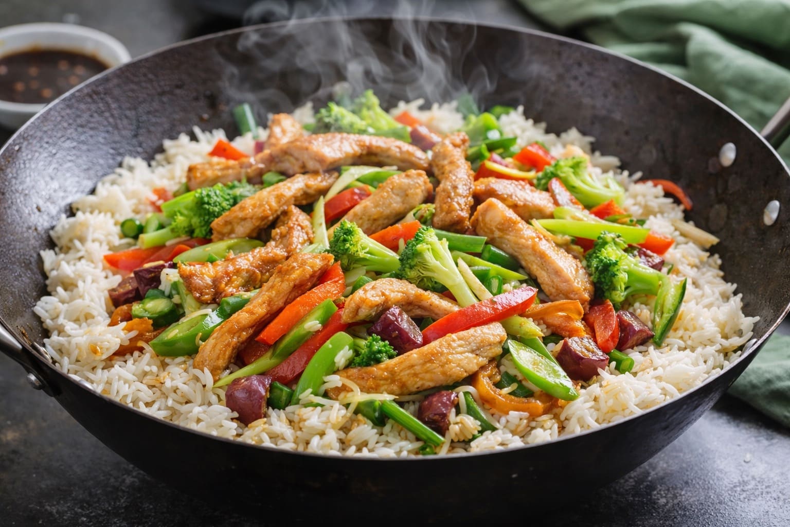 Salteado von pavo mit arroz jazmín und verduras, mittagessen gesund von Mahlzeiten Healthy