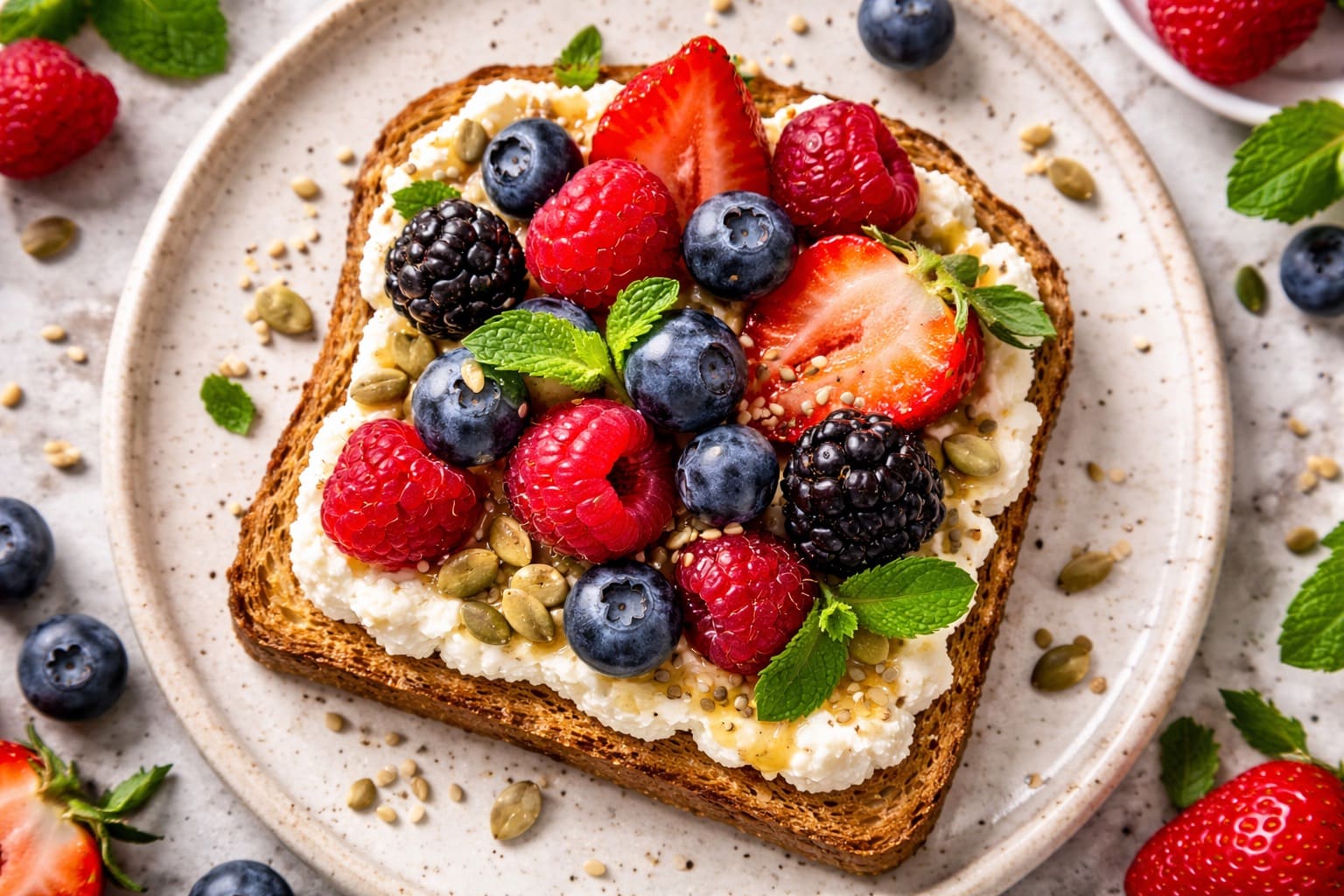 Tostada de requesón con frutos rojos, merienda saludable de Comidas Healthy