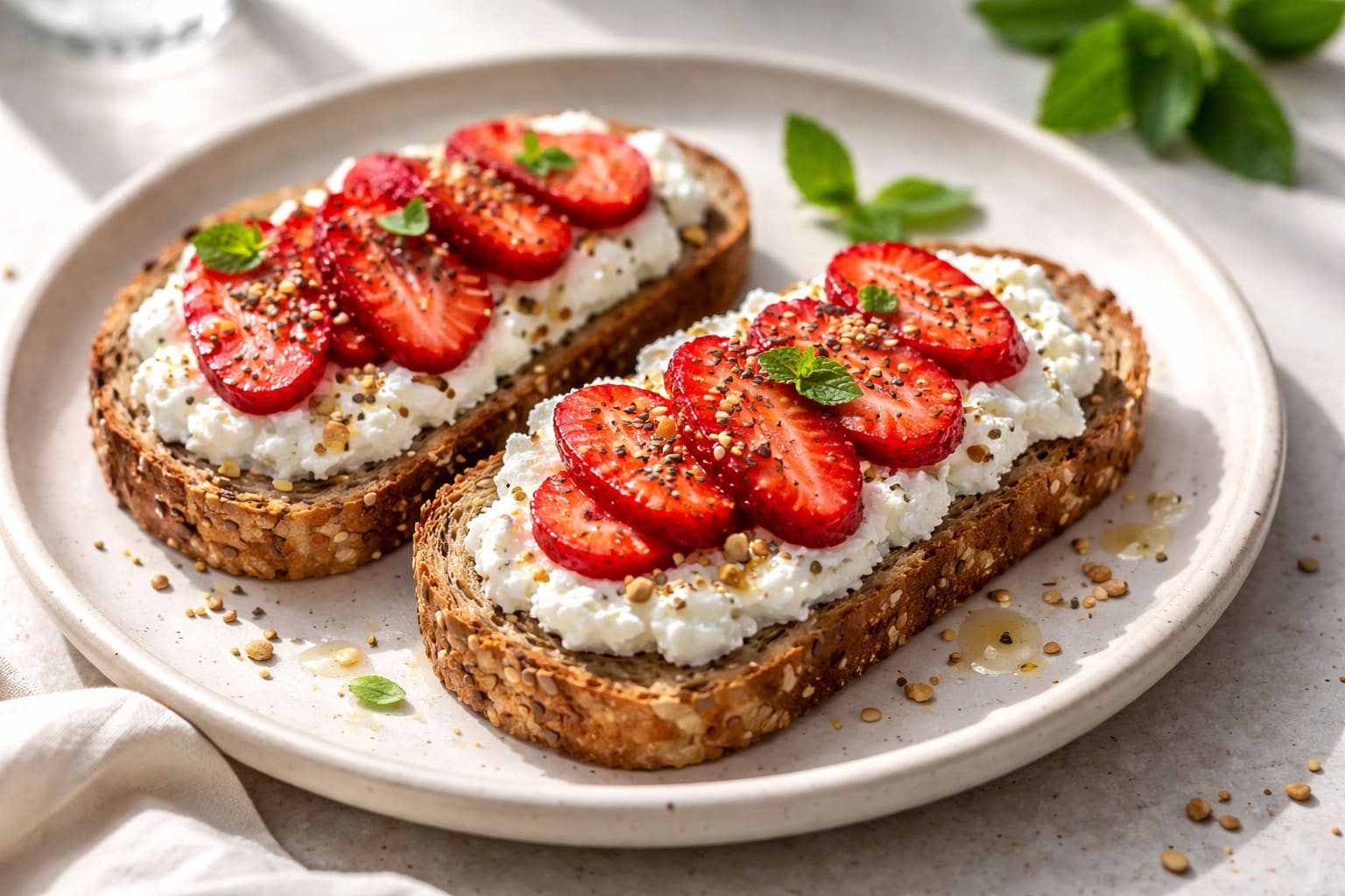 Tostadas di ricotta, fresas e semillas, colazione salutare di Pasti Healthy