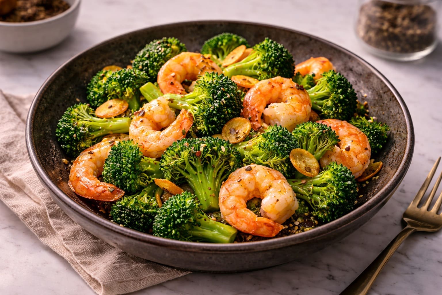 Wok von gambas und brócoli al ajo, abendessen gesund von Mahlzeiten Healthy