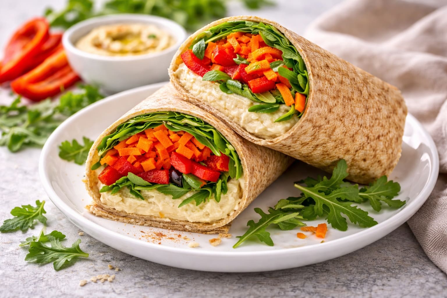 Wrap integral von hummus und vegetales, mittagessen gesund von Mahlzeiten Healthy